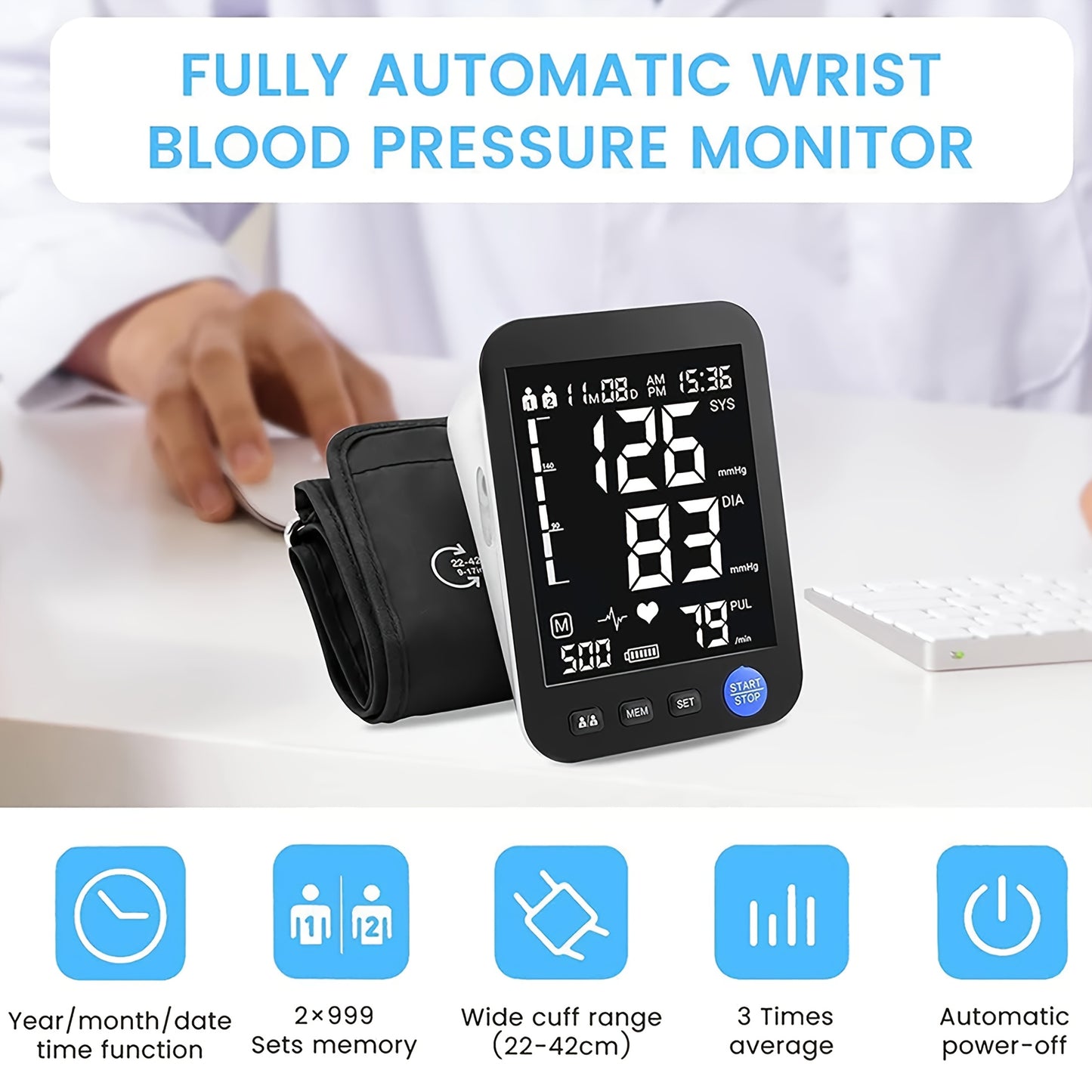 Automatic Blood Pressure Monitor with Adjustable Cuff 22-42 Inch LCD Display USB Powered Home Health Device for Adults