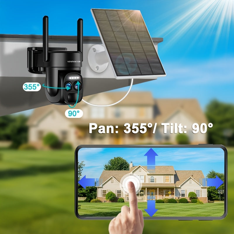 Security Camera With Solar Panel, PTZ HD System, Dual Lens