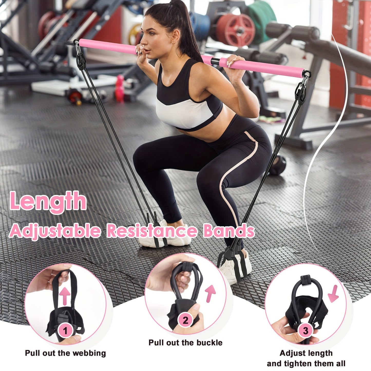 Adjustable Pilates Bar Kit - 3-Section Bar with Bands