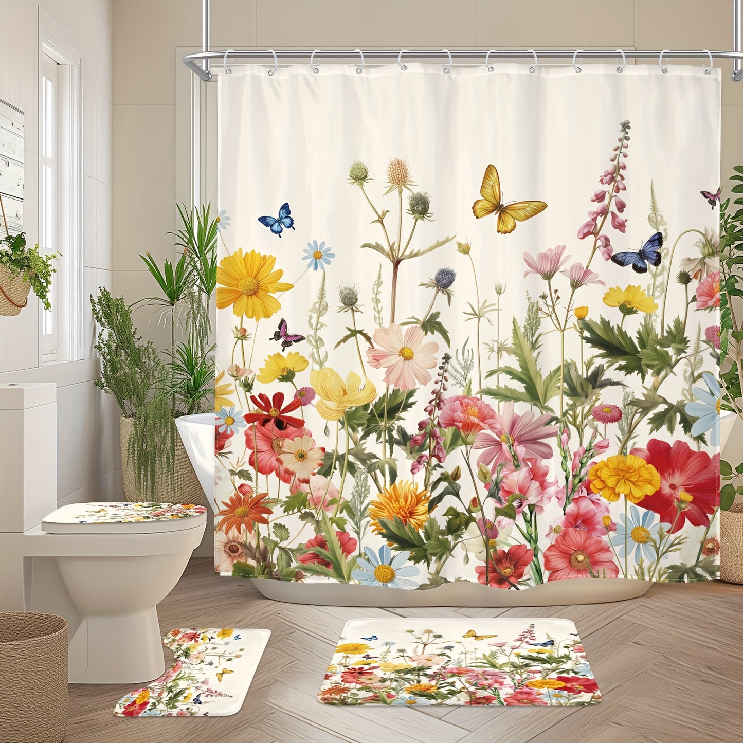 1/4pcs - Wildflower Shower Set Including Curtain Hooks 3 Mats