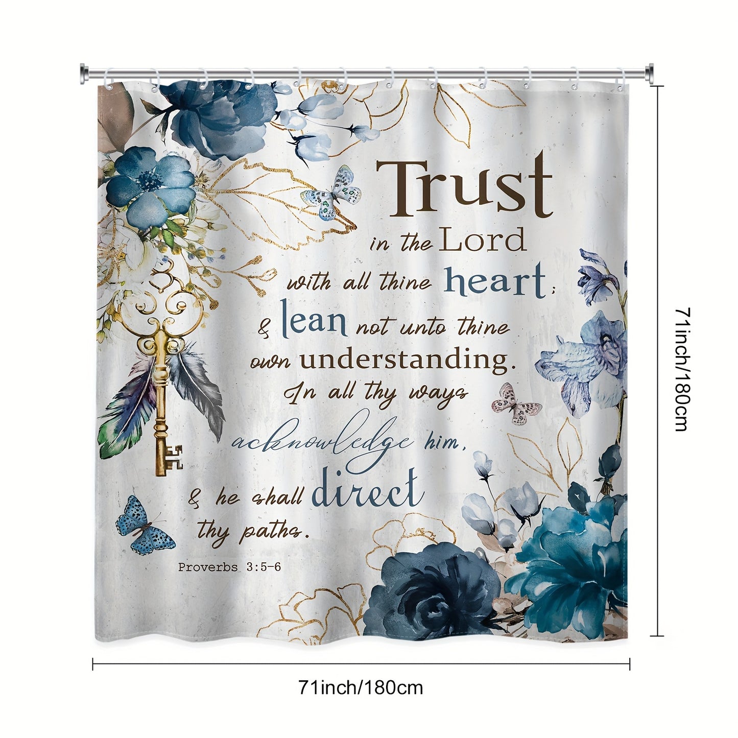 1/4pcs Teal Flower Scripture Shower Curtain Set with Hooks Mats