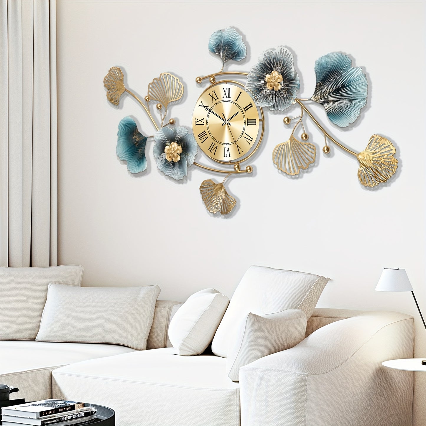 36.24 Inch Living Room Clock Silent Sports Battery Powered Ginkgo Leaf Metal Clock Two Sets of Clock Needles Decorative Clock for Bedrooms Offices and Homes