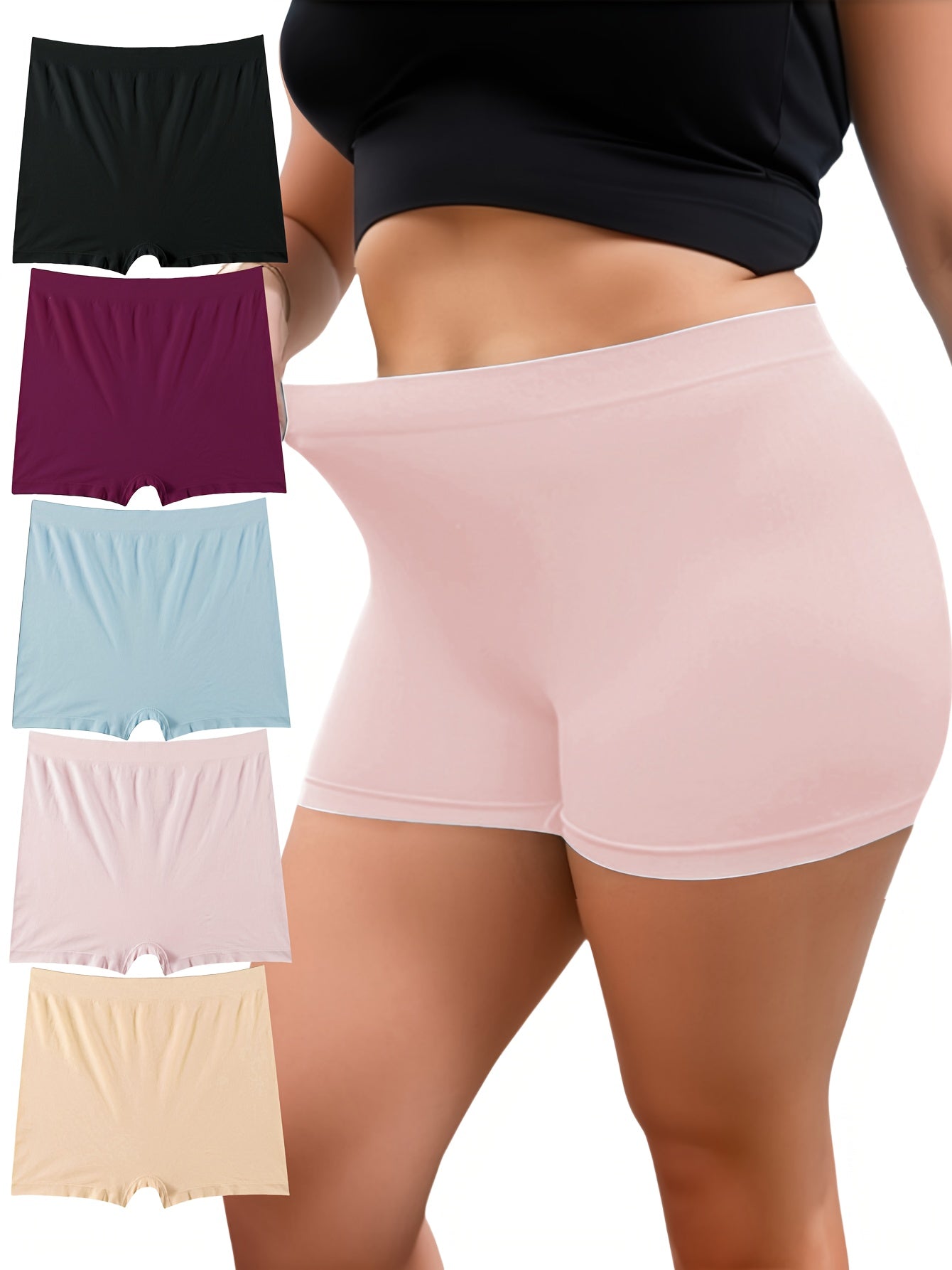 5pcs Women's Plus Simple Panties High Waisted Comfort Boyshorts
