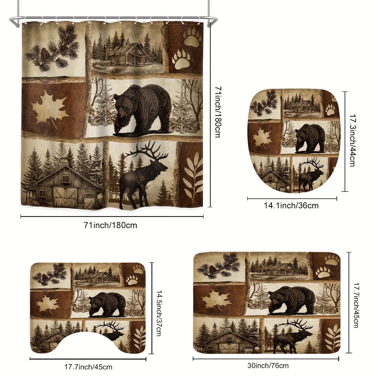 1/4pcs - Shower Curtain Set With Floor Mat And Toilet Mat