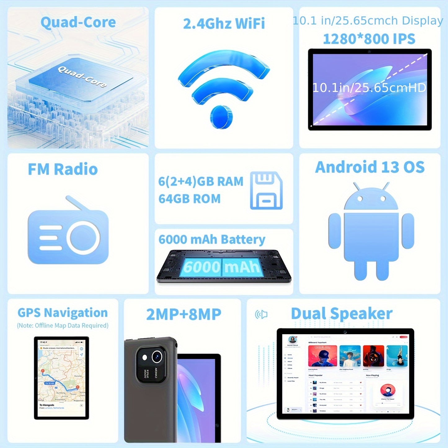 Restaurant Self-Ordering and Digital Vending Kiosk 10-inch Tablet Android 13 with Quad-core Processor and 6000mAh Battery