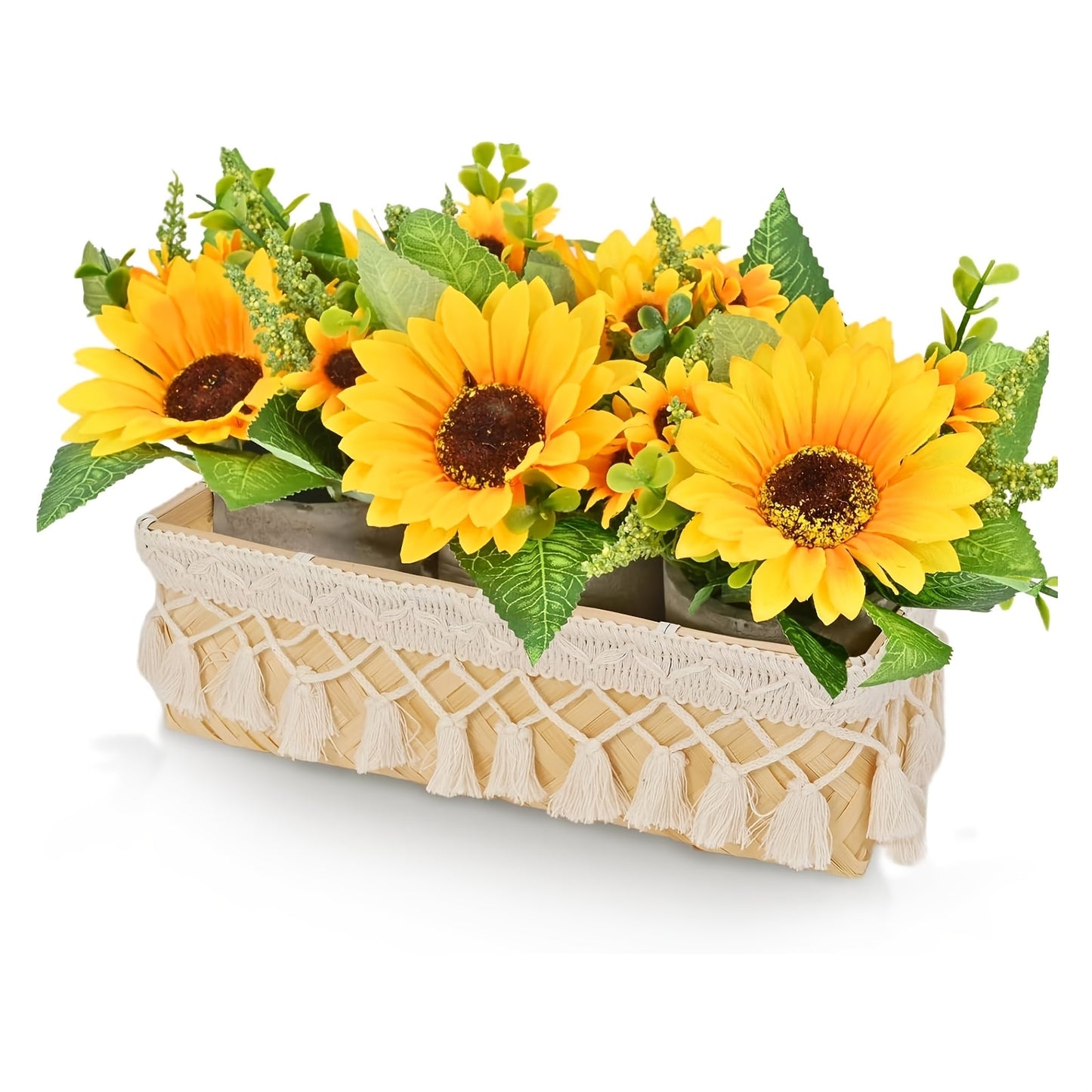 3 Potted Artificial Sunflowers with Handmade Basket Centerpiece