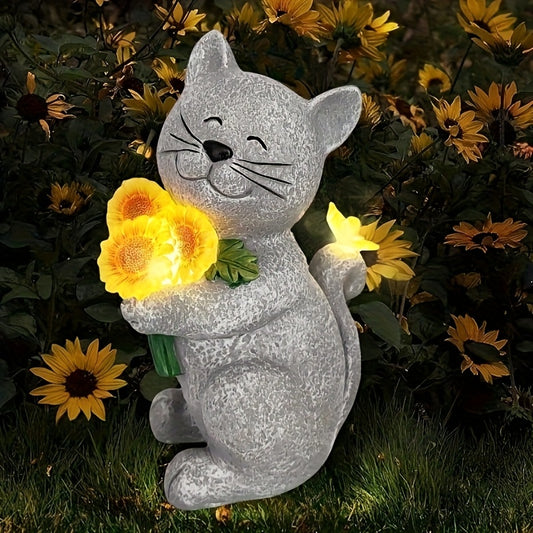 Solar Garden Outdoor Figurines Resin Sunflower Cat Statues