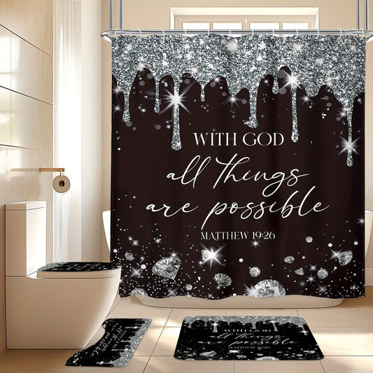 1pc/4pcs Black Silvery Diamond Quote Bathroom Set Decor