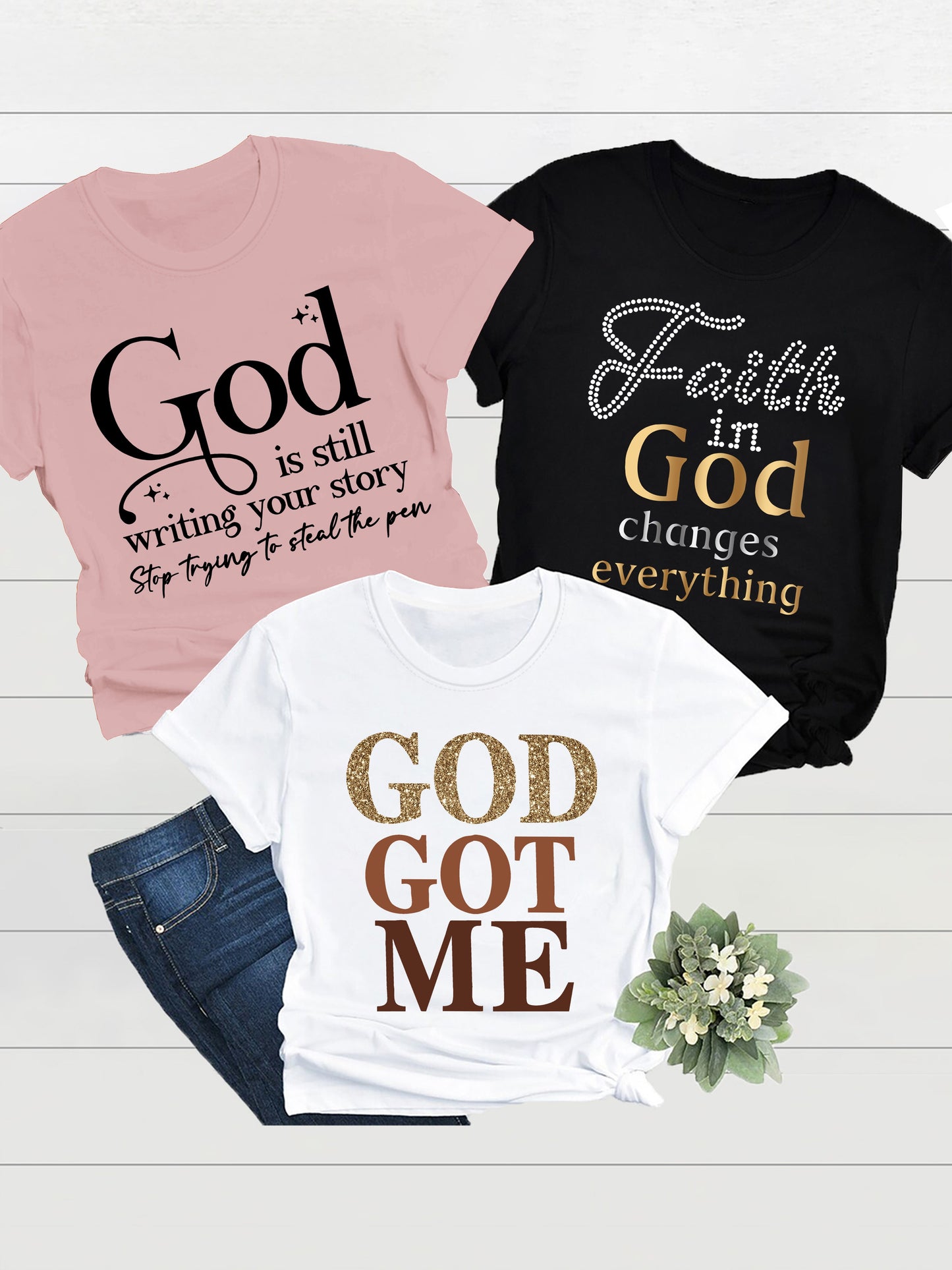3 Packs Letter Print Crew Neck Tee for Women - Casual T-Shirts