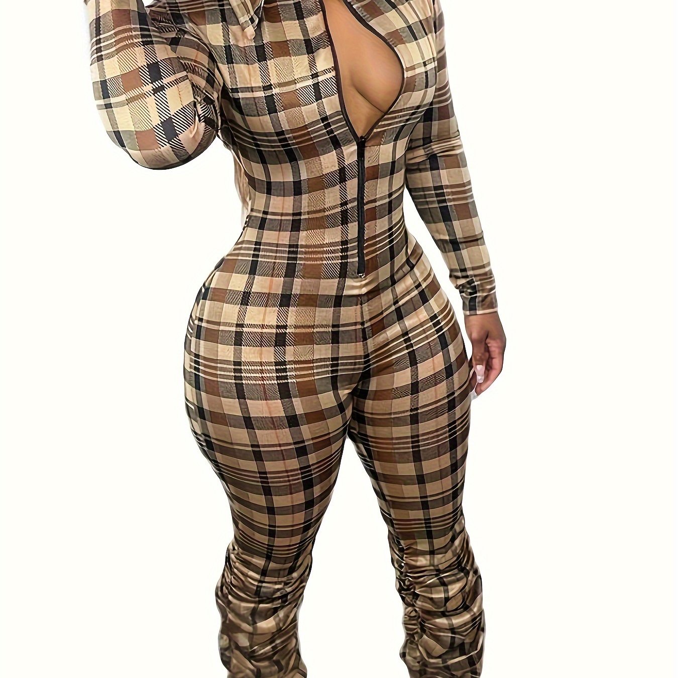 Cozy Plaid Pattern Long Sleeve Zip Front Jumpsuit for Women