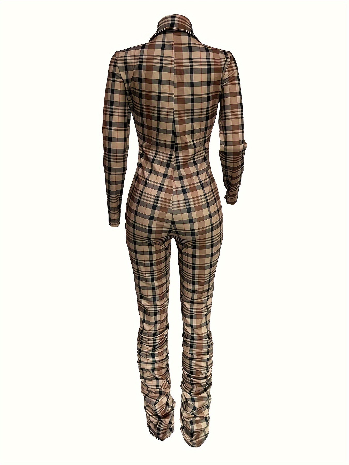 Cozy Plaid Pattern Long Sleeve Zip Front Jumpsuit for Women