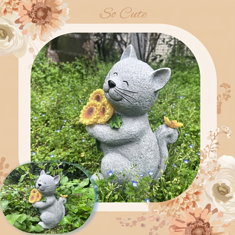 Solar Garden Outdoor Figurines Resin Sunflower Cat Statues