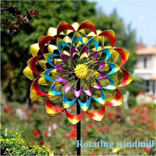 Vibrant Rainbow Metal Windmill Sculpture Rotating Garden Stake