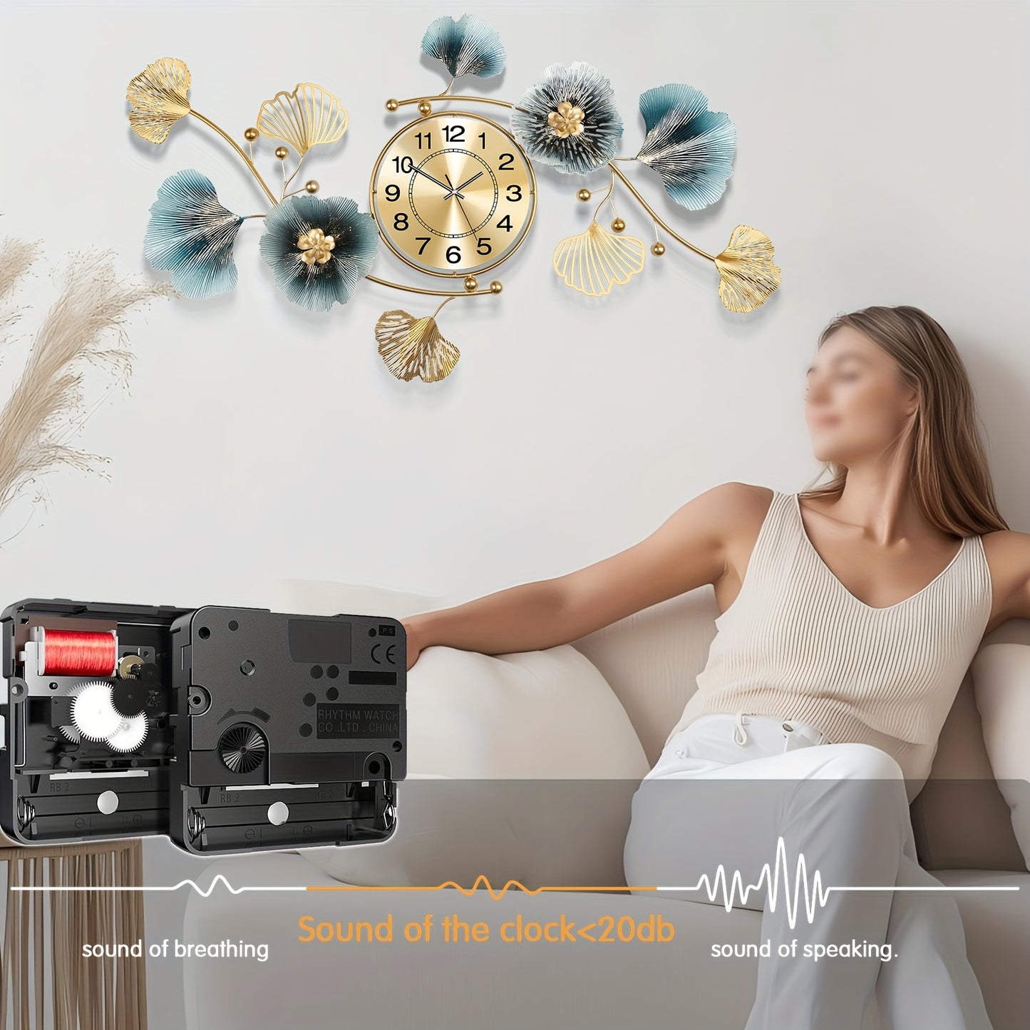 36.24 Inch Living Room Clock Silent Sports Battery Powered Ginkgo Leaf Metal Clock Two Sets of Clock Needles Decorative Clock for Bedrooms Offices and Homes