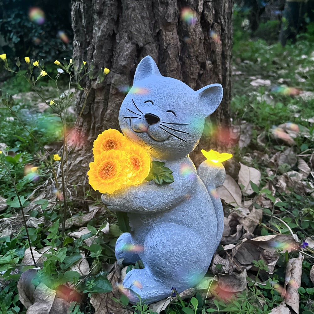 Solar Garden Outdoor Figurines Resin Sunflower Cat Statues