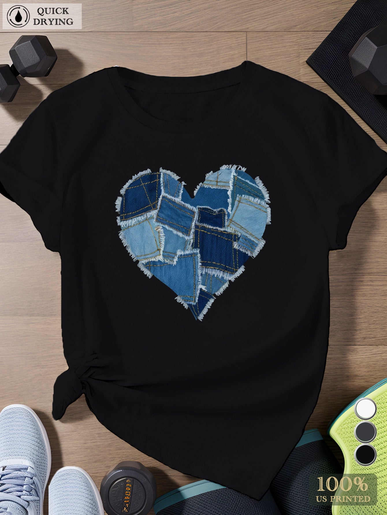 distressed denim heart Women's Plus Size Sports Short Sleeve T-Shirt