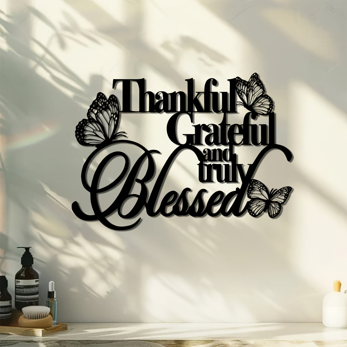 Thankful Grateful and Truly Blessed Metal Wall Art 15.74x11.25 Inches Elegant Bible Verse Decor with Butterflies Inspirational Home Decor for Living Room Patio Balcony Perfect Housewarming Wedding Christmas Easter