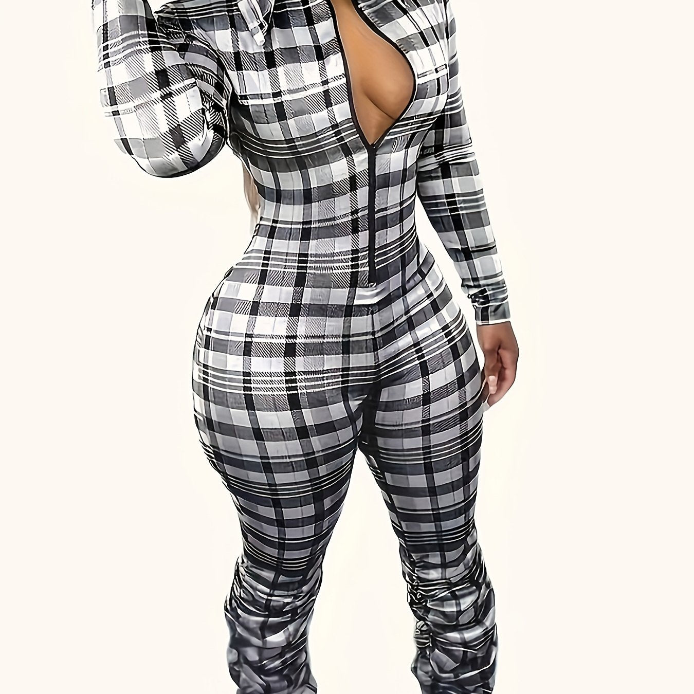 Cozy Plaid Pattern Long Sleeve Zip Front Jumpsuit for Women