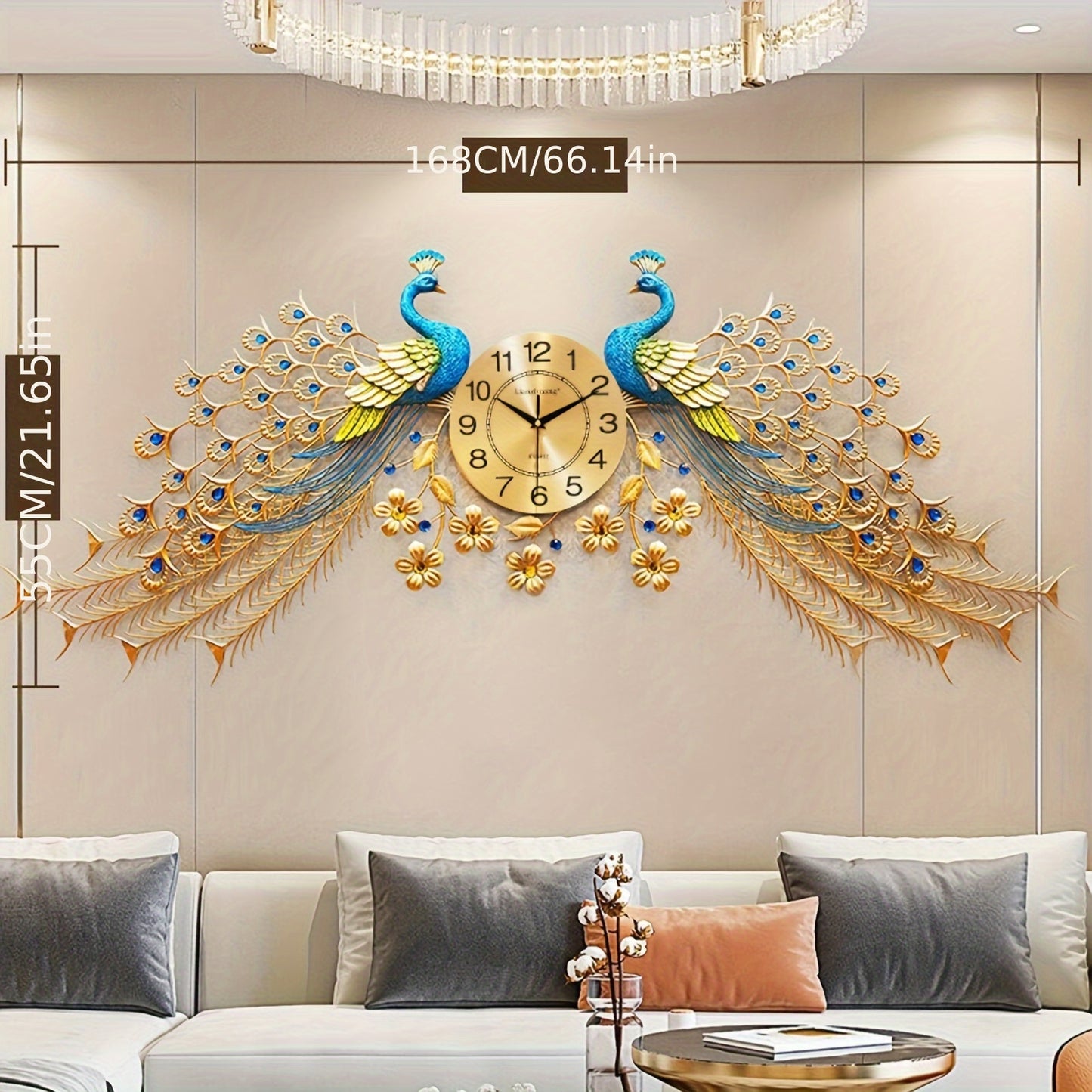 Luxury 66.14 Inch Large Peacock Wall Clock Metal Design Non Ticking Silent Art Digital Wall Clocks Big Clock for Living Room Decor