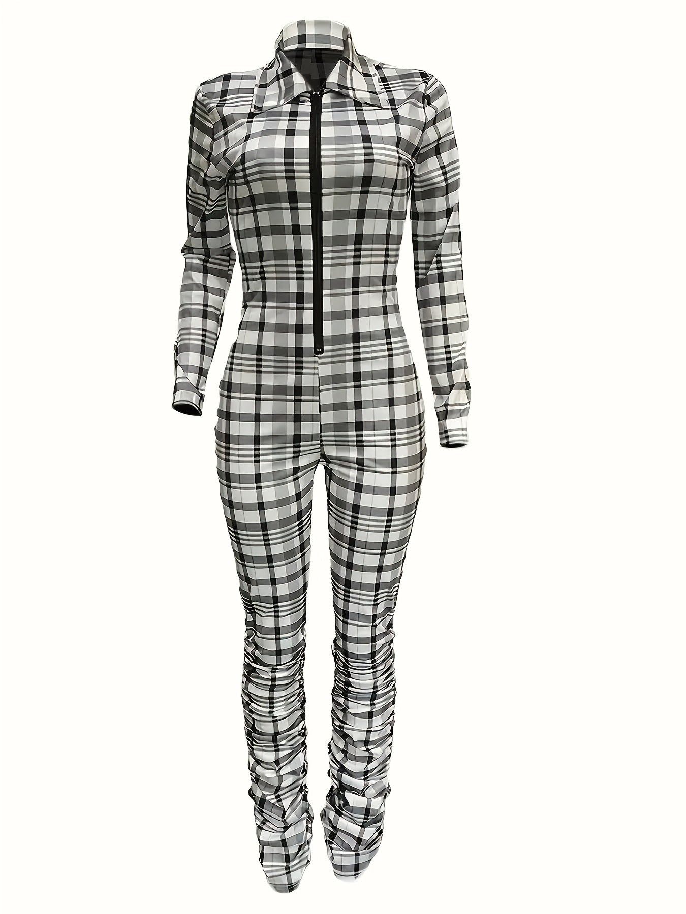 Cozy Plaid Pattern Long Sleeve Zip Front Jumpsuit for Women