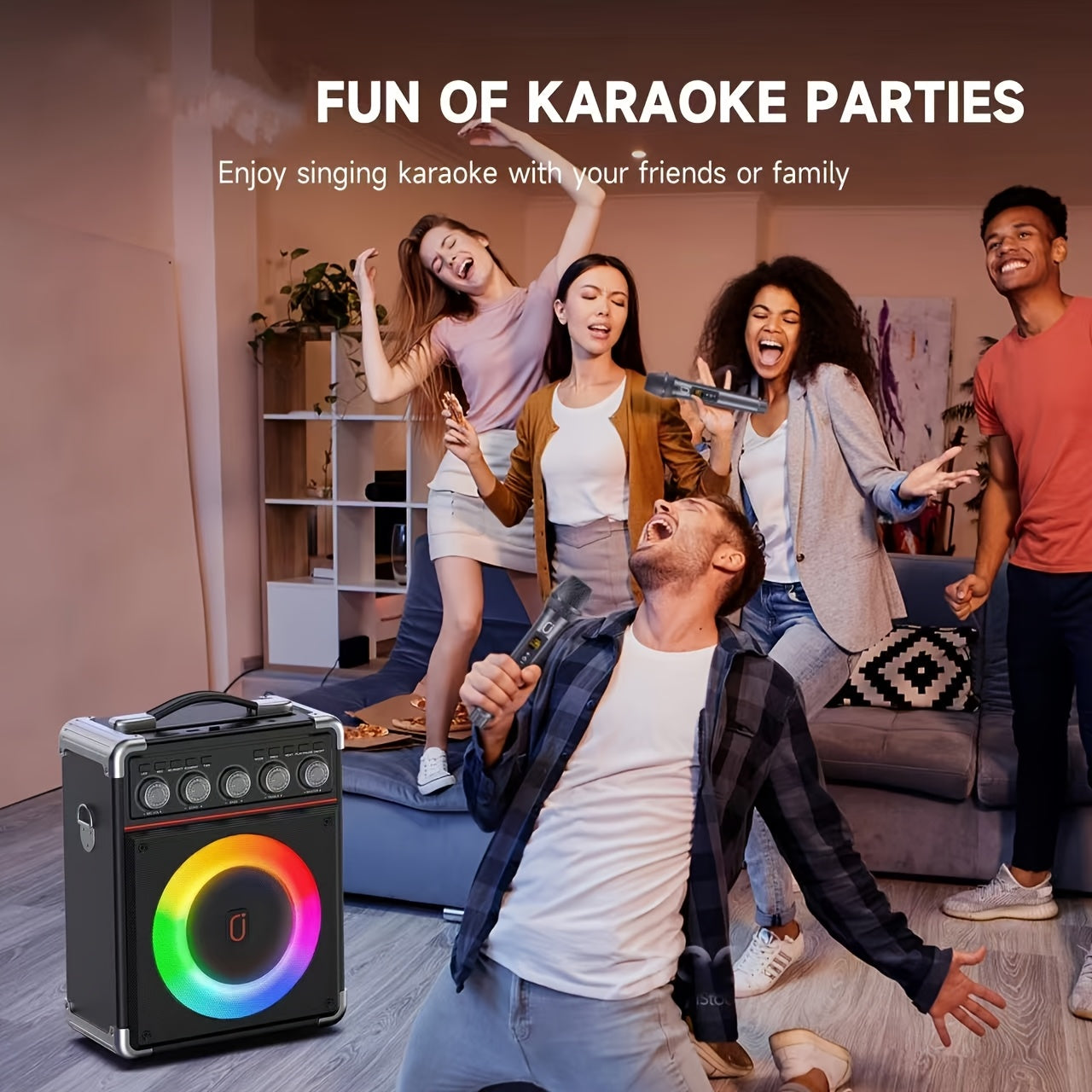 Karaoke Machine With 2 Wireless Karaoke Microphones Portable Party Speaker