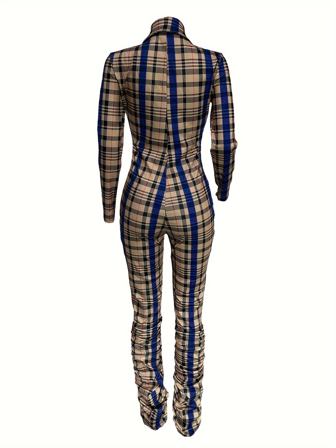 Cozy Plaid Pattern Long Sleeve Zip Front Jumpsuit for Women