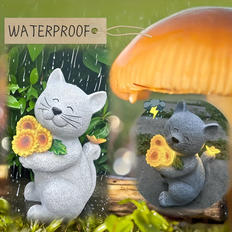 Solar Garden Outdoor Figurines Resin Sunflower Cat Statues