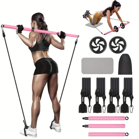 Adjustable Pilates Bar Kit - 3-Section Bar with Bands