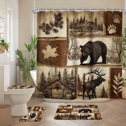 1/4pcs - Shower Curtain Set With Floor Mat And Toilet Mat