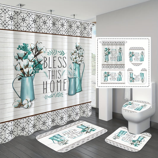 4 Pieces Luxury Shower Curtain Set with 12 Hooks Anti Slip Bath Mat U Shape Contour Rug and Toilet Lid Cover Elegant Bathroom Decor Essentials