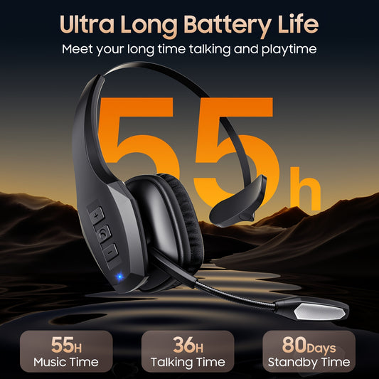 Trucker Headset Wireless with 55Hrs Working Time and Dual Noise Cancelling Microphone