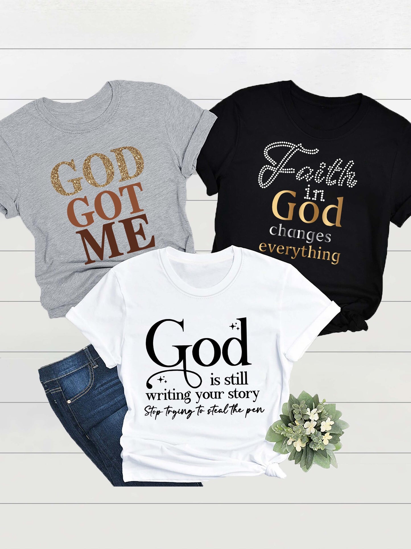 3 Packs Letter Print Crew Neck Tee for Women - Casual T-Shirts