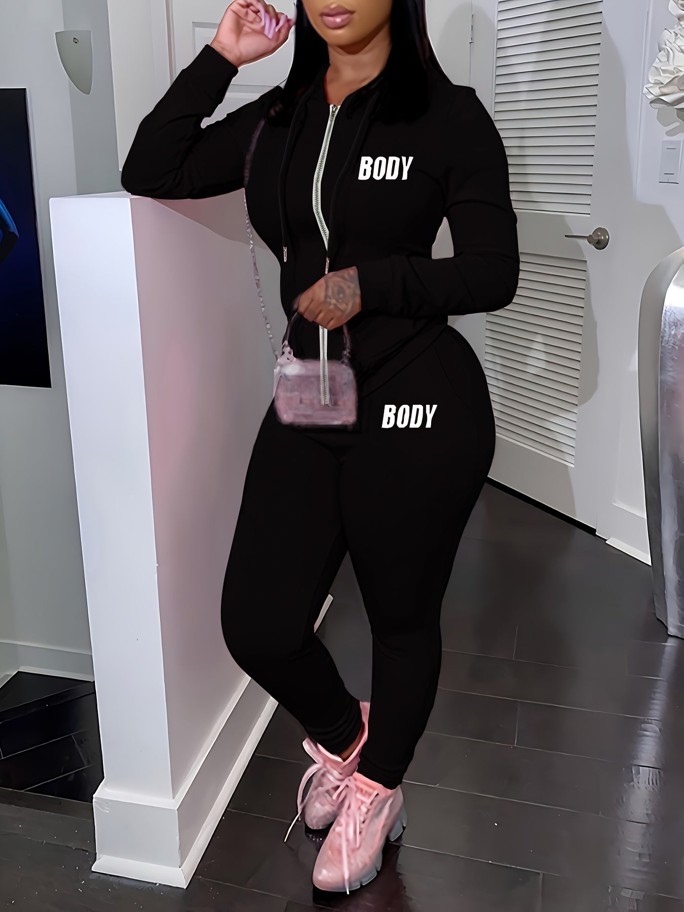 Machine Washable Knit Polyester Two-Piece Set Open Front Top and Pants