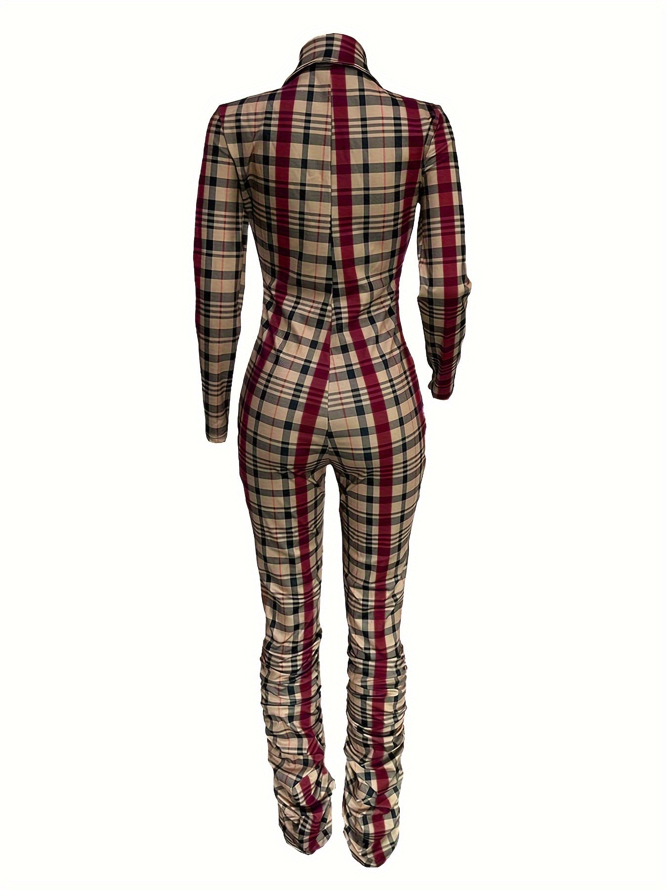 Cozy Plaid Pattern Long Sleeve Zip Front Jumpsuit for Women