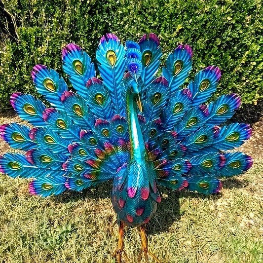 Blue & Green Metallic Peacock Garden Stake No Battery Required