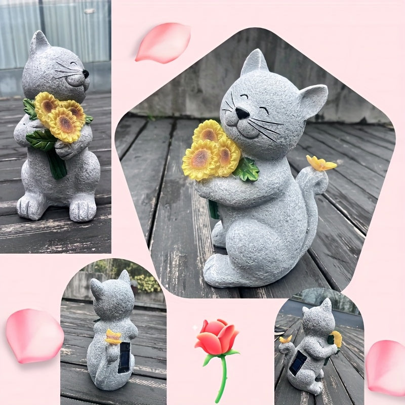 Solar Garden Outdoor Figurines Resin Sunflower Cat Statues