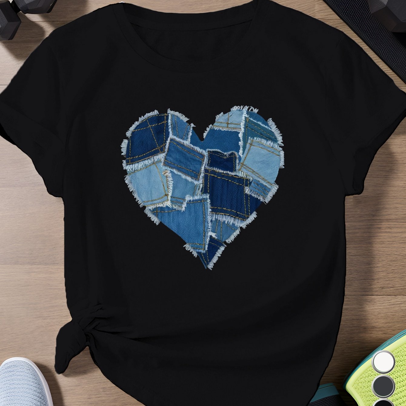 distressed denim heart Women's Plus Size Sports Short Sleeve T-Shirt