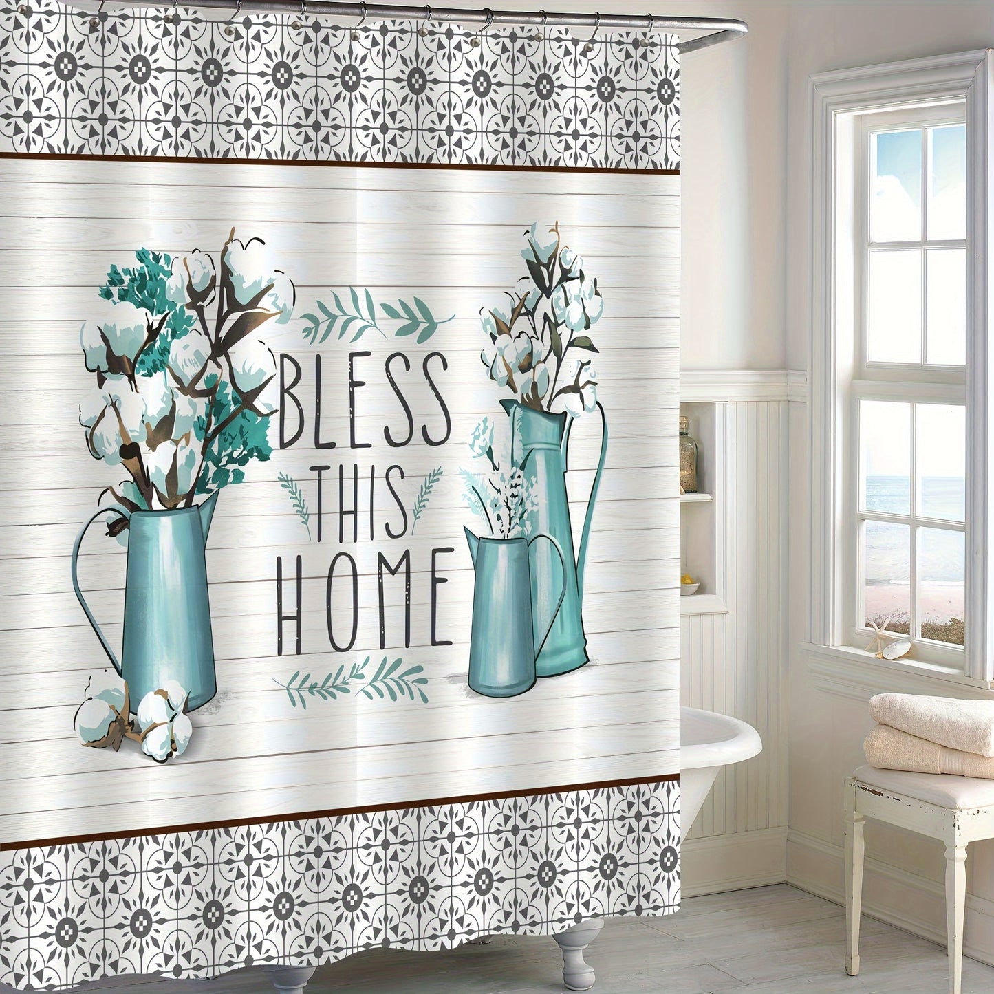 4 Pieces Luxury Shower Curtain Set with 12 Hooks Anti Slip Bath Mat U Shape Contour Rug and Toilet Lid Cover Elegant Bathroom Decor Essentials