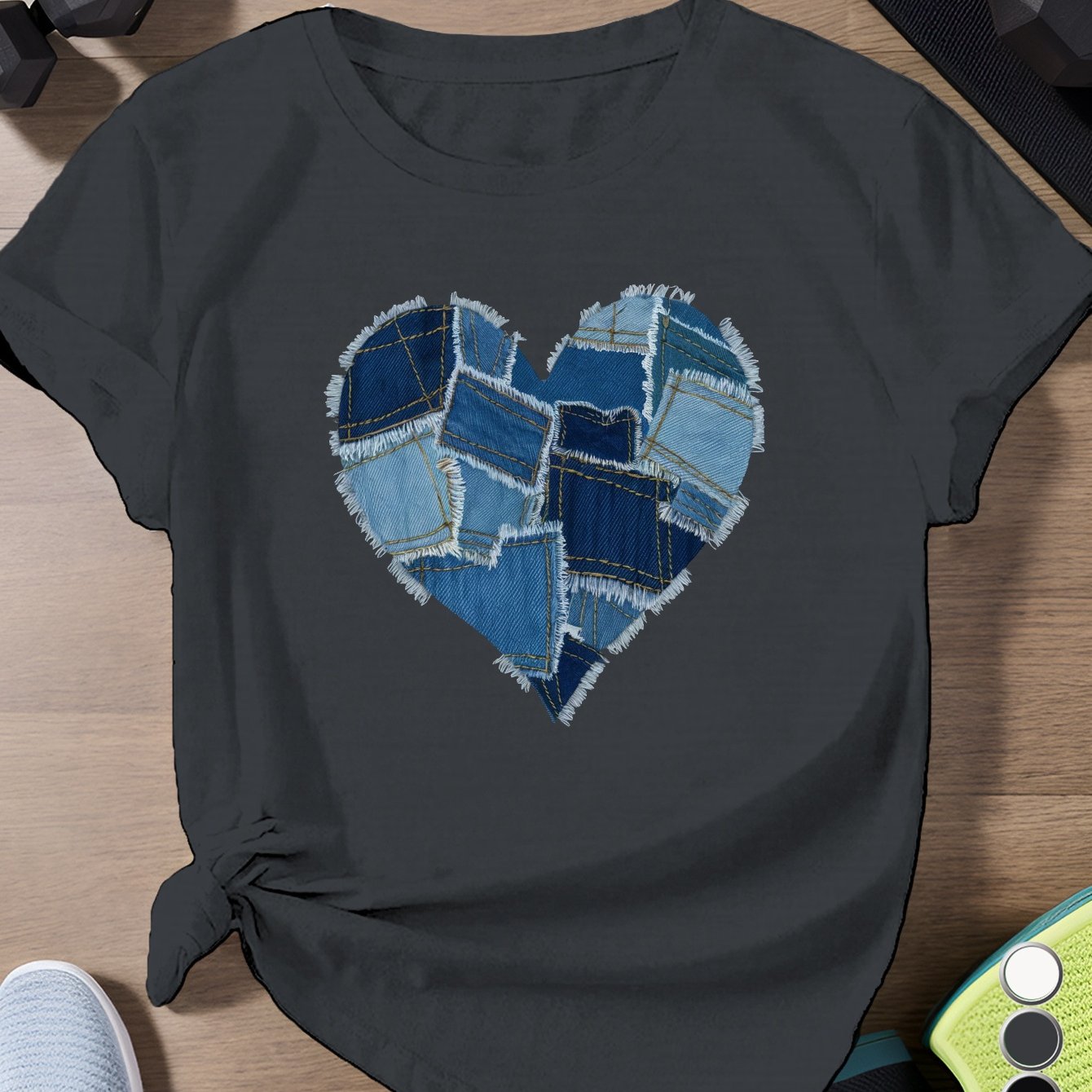 distressed denim heart Women's Plus Size Sports Short Sleeve T-Shirt