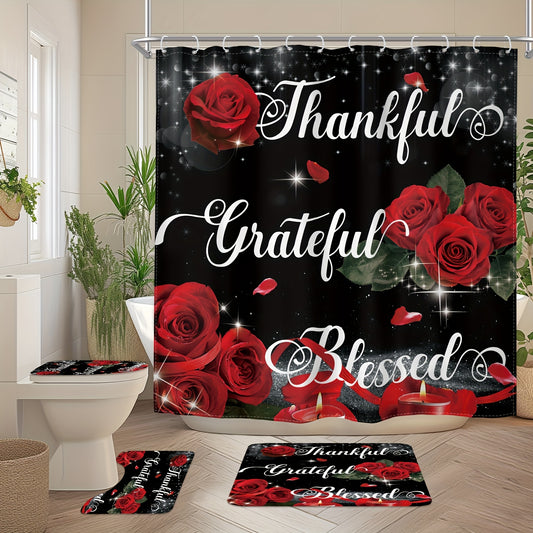 1/4pcs - Rose Shower Set Including Shower Curtain Hooks 3 Mats