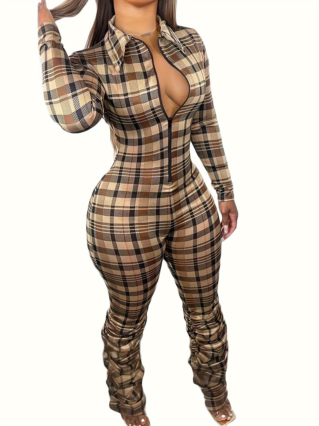 Cozy Plaid Pattern Long Sleeve Zip Front Jumpsuit for Women