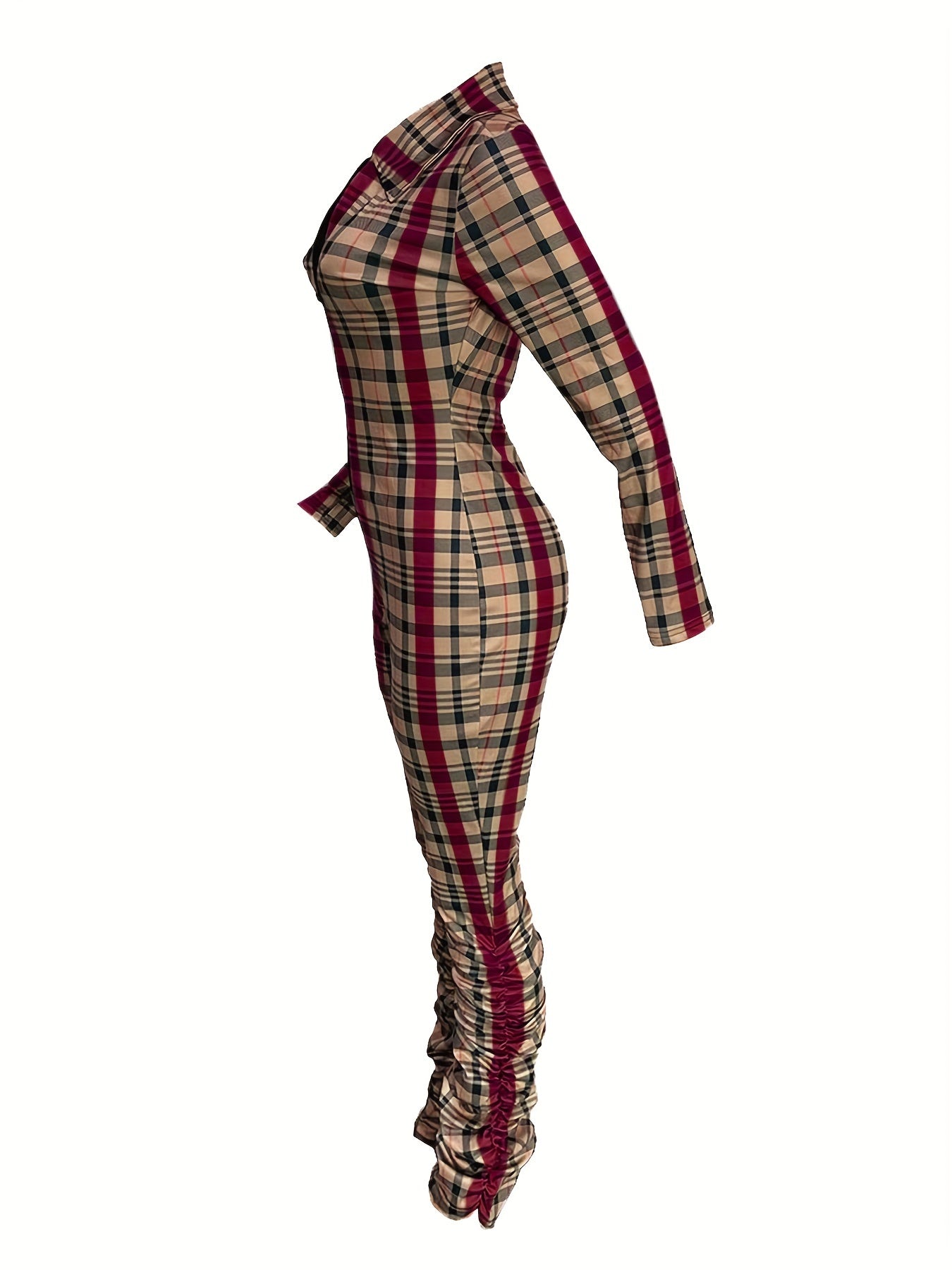 Cozy Plaid Pattern Long Sleeve Zip Front Jumpsuit for Women