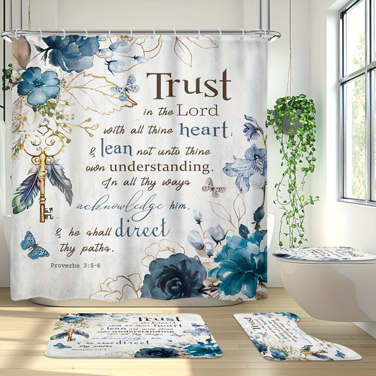 1/4pcs Teal Flower Scripture Shower Curtain Set with Hooks Mats