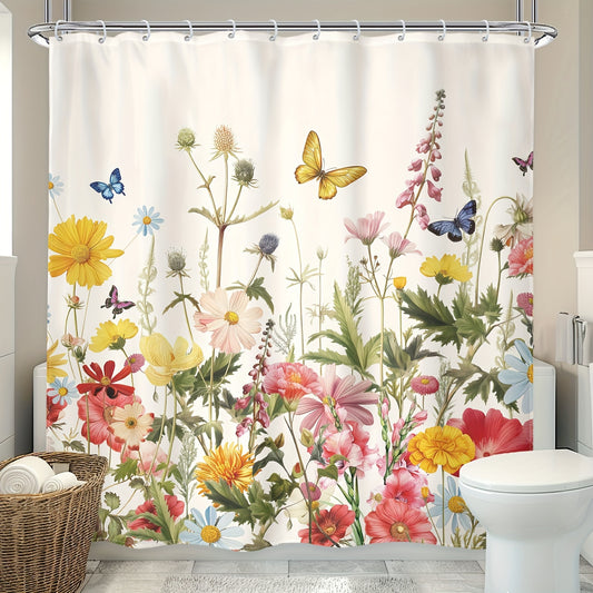 1/4pcs - Wildflower Shower Set Including Curtain Hooks 3 Mats