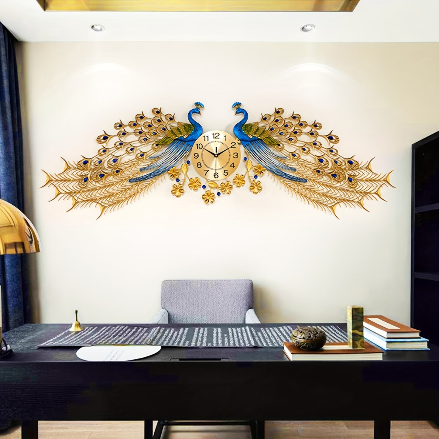 Luxury 66.14 Inch Large Peacock Wall Clock Metal Design Non Ticking Silent Art Digital Wall Clocks Big Clock for Living Room Decor