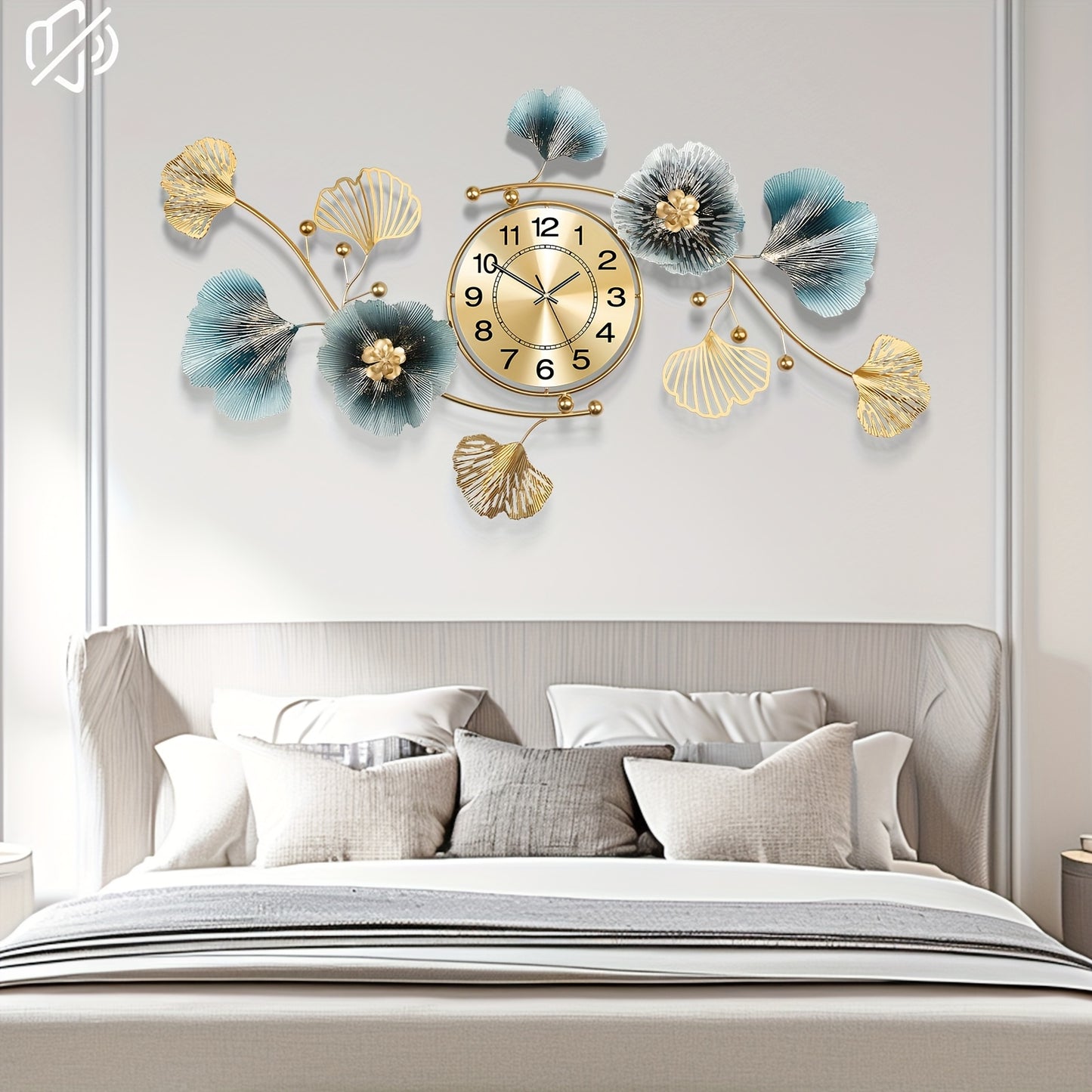 36.24 Inch Living Room Clock Silent Sports Battery Powered Ginkgo Leaf Metal Clock Two Sets of Clock Needles Decorative Clock for Bedrooms Offices and Homes