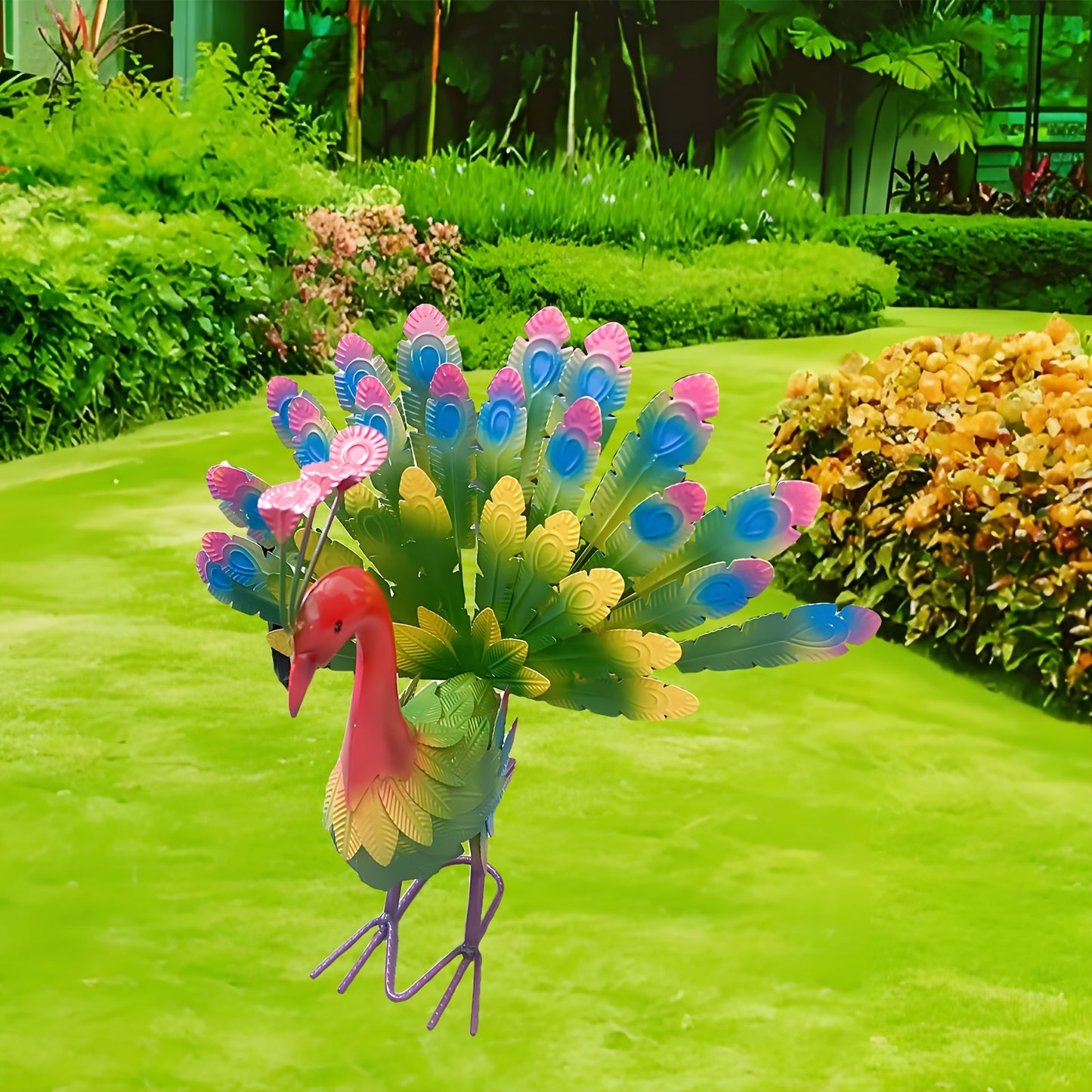 Blue & Green Metallic Peacock Garden Stake No Battery Required