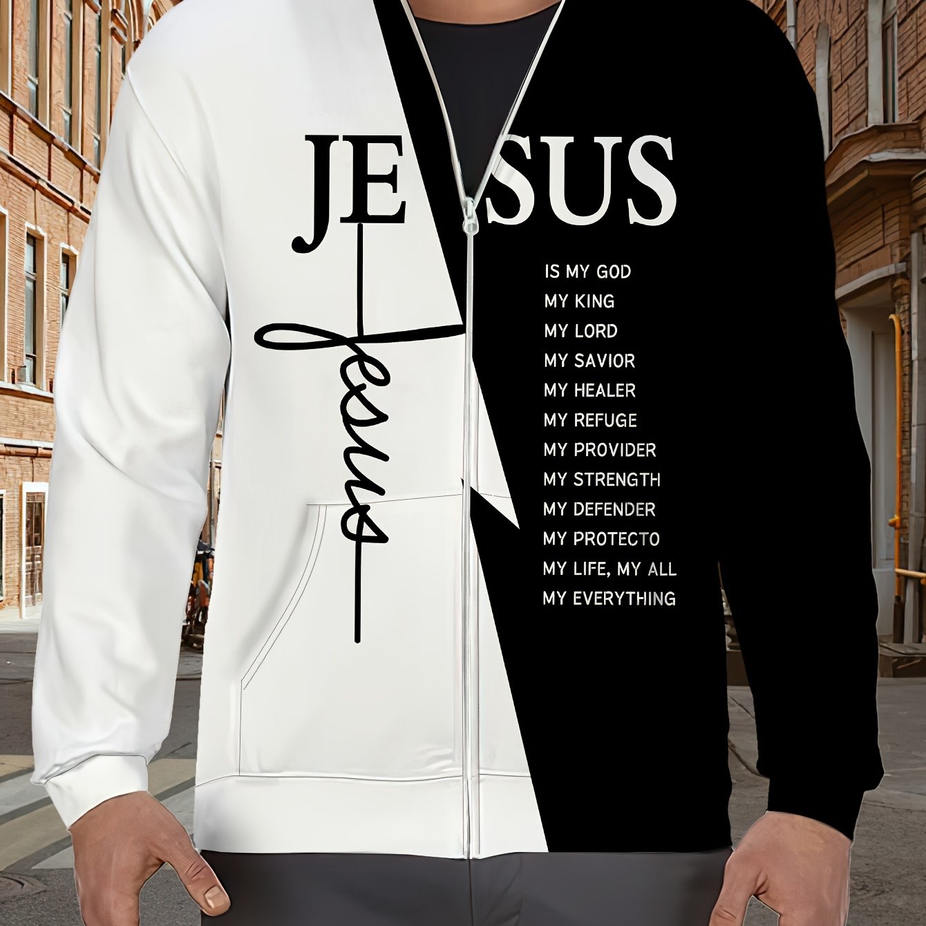 Polyester 3D Print Hooded Sweatshirt Men's Casual Zipper