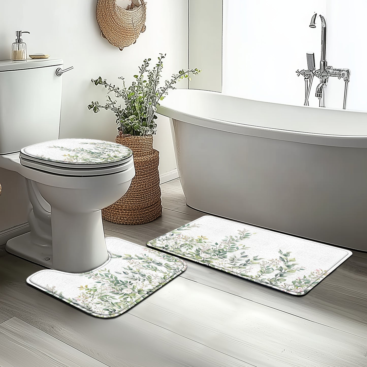 4pcs Sage Green Eucalyptus Shower Curtain Set for Home Decor