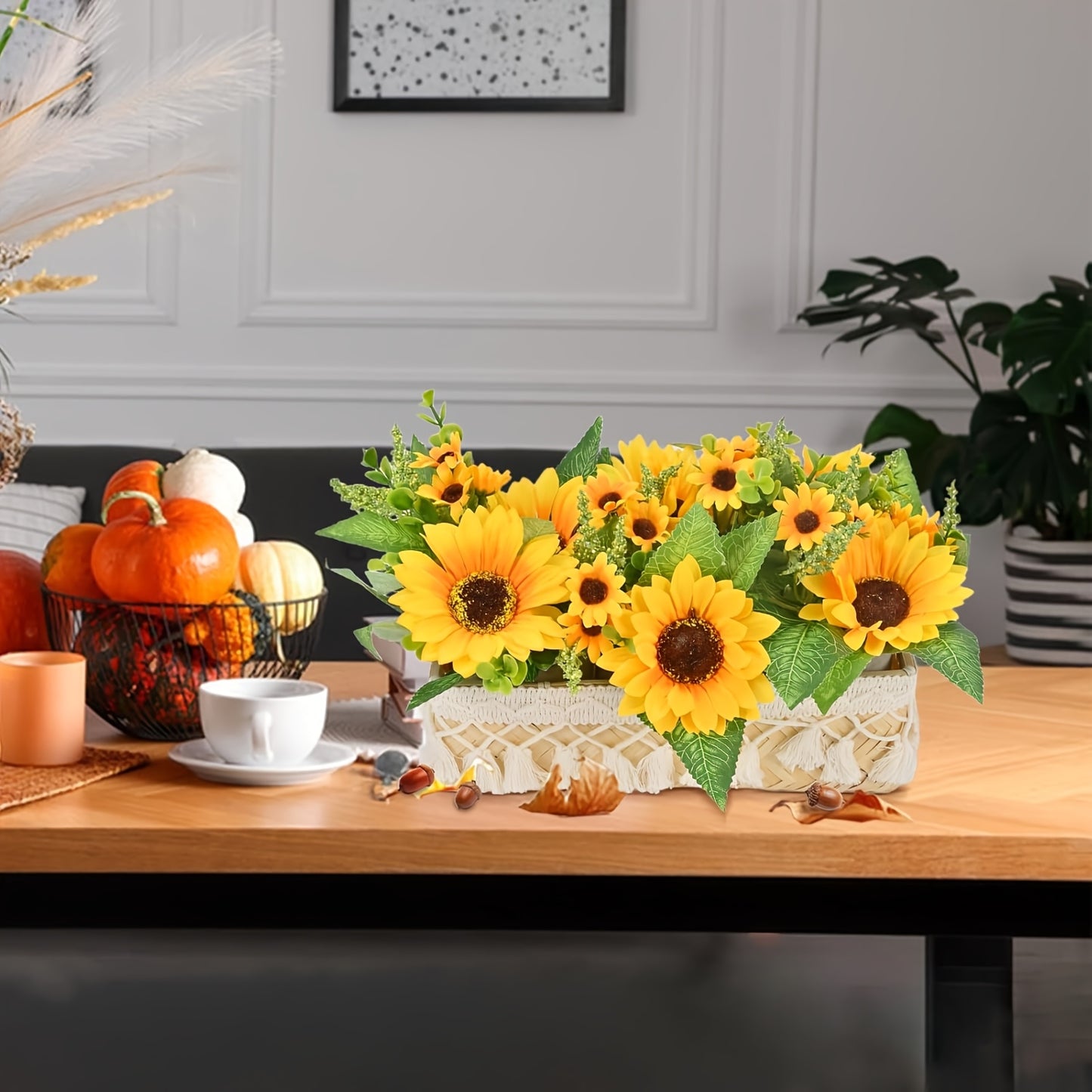 3 Potted Artificial Sunflowers with Handmade Basket Centerpiece